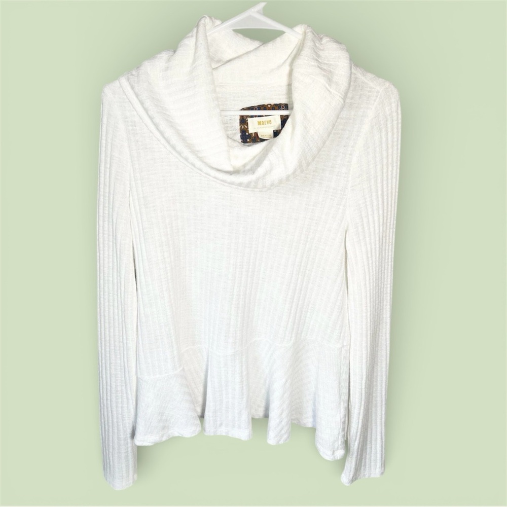 Anthropologie Maeve White Ribbed Cowl Neck Thermal Top Peplum Soft Skirt Medium
